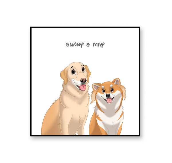 personalized custom white rug featuring cartoon portrait of two pets, perfect for pet lovers