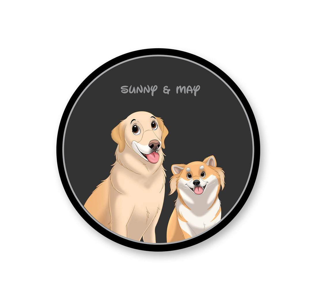 personalized custom black rug featuring cartoon portrait of two pets, perfect for pet lovers