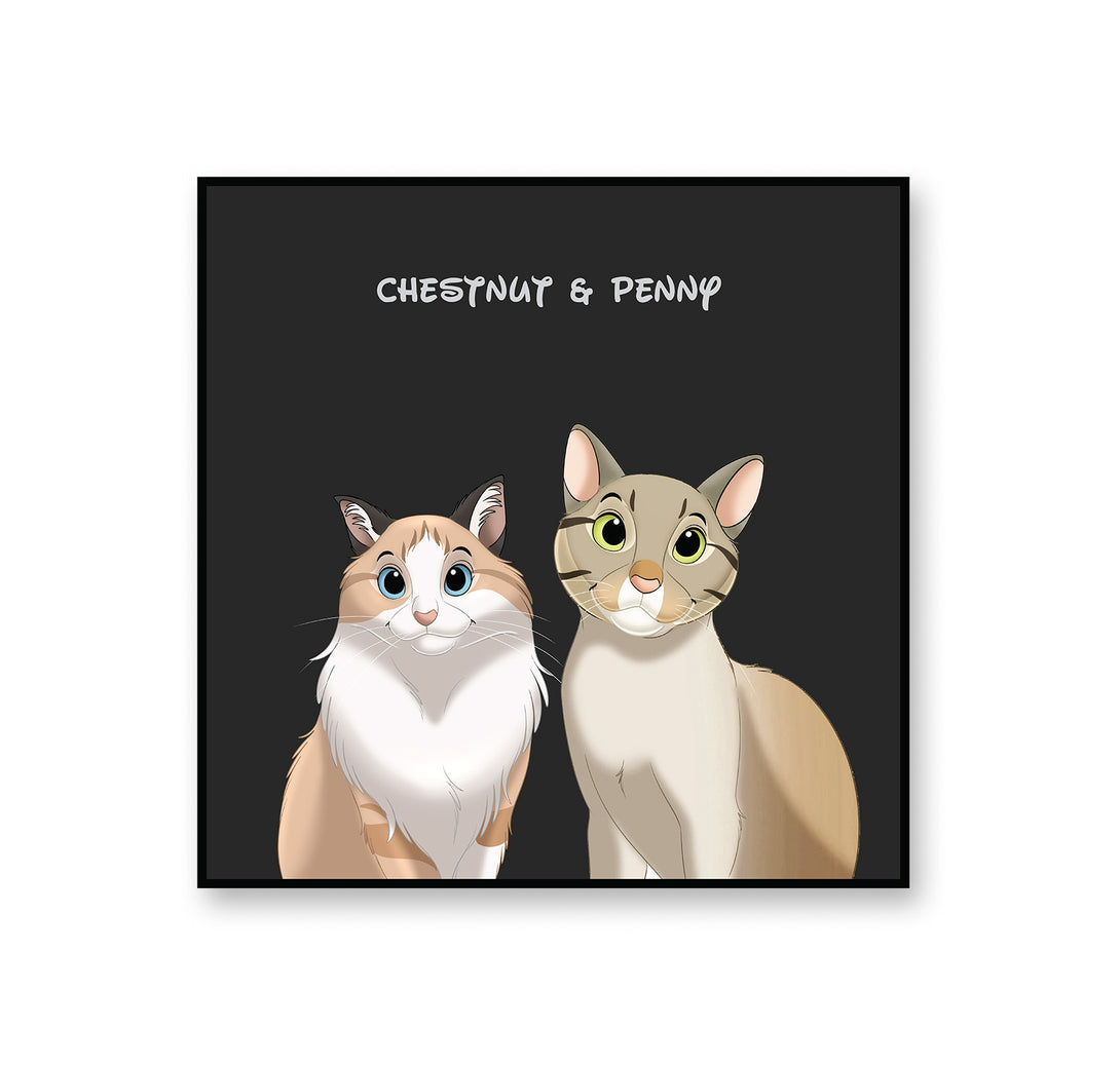 personalized custom black rug featuring cartoon portrait of two pets, perfect for pet lovers