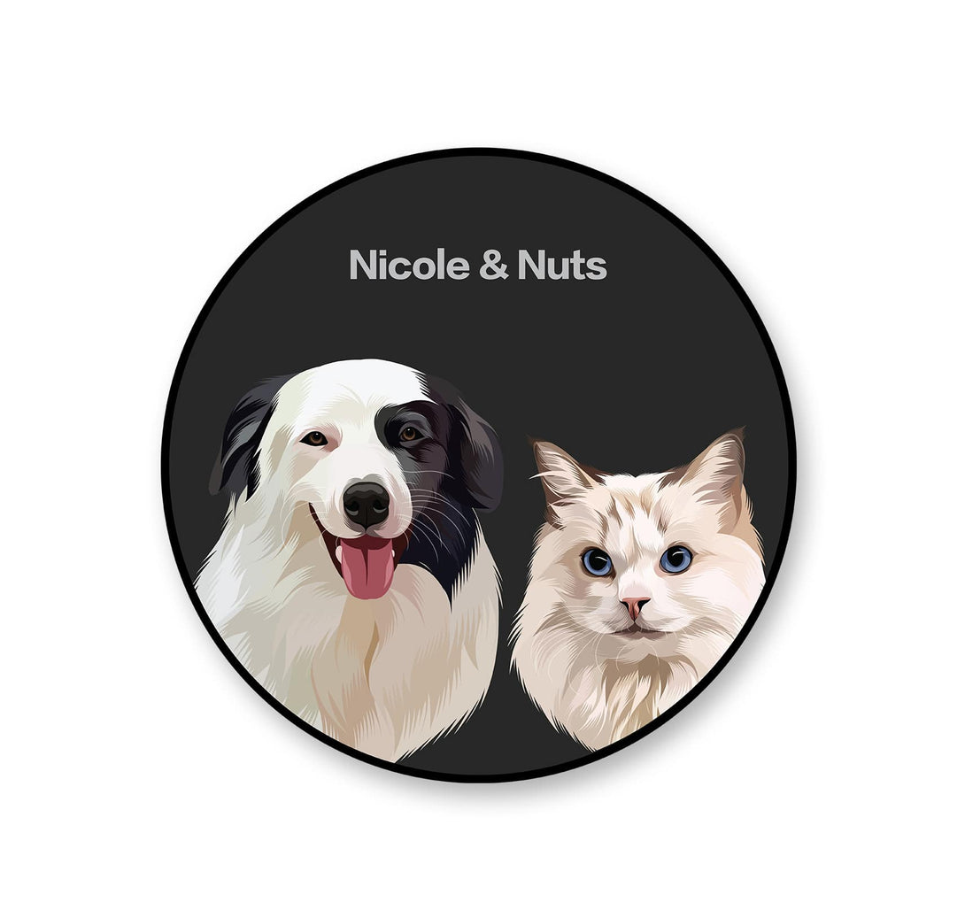 personalized custom black rug featuring portrait of two pets, perfect for pet lovers