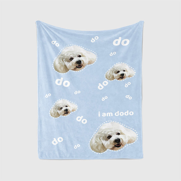 Personalized blue blanket featuring portrait of pet and bubble names background, perfect for pet lovers.