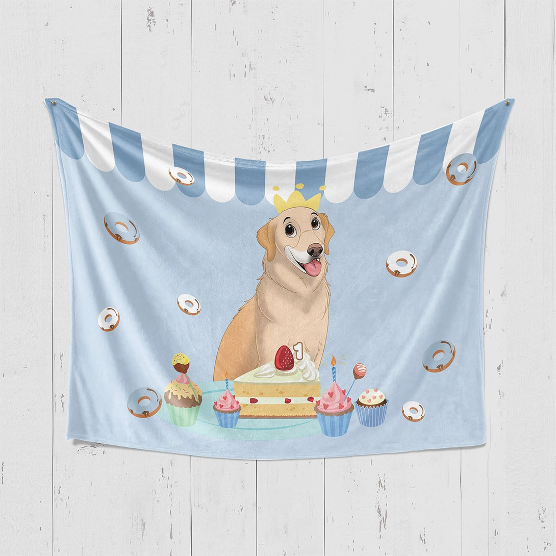Custom blue birthday blanket featuring cartoon style portrait of pet, perfect for pet lovers