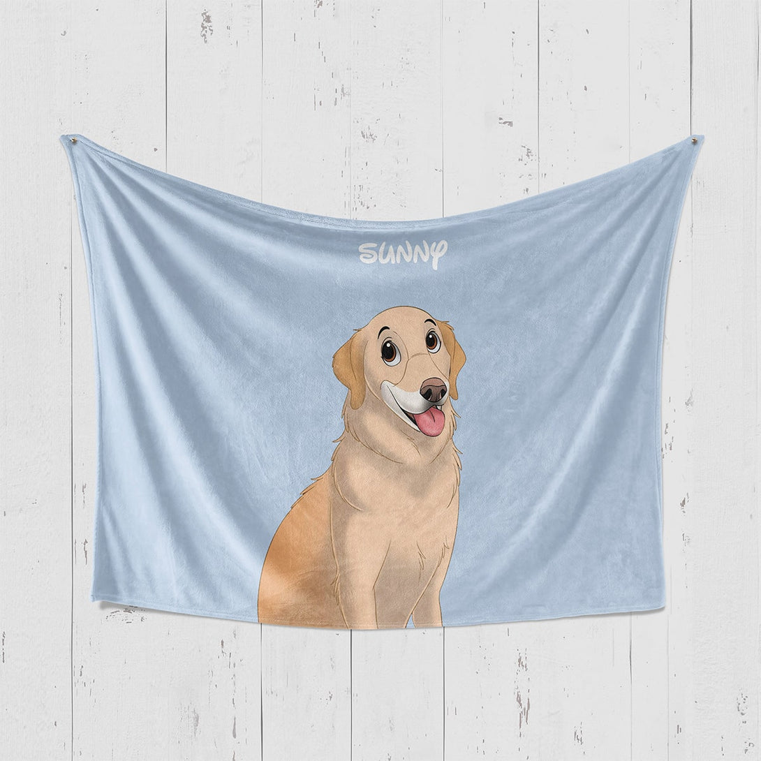 Custom blue horizontal blanket featuring cartoon portrait of pet, perfect for pet lovers