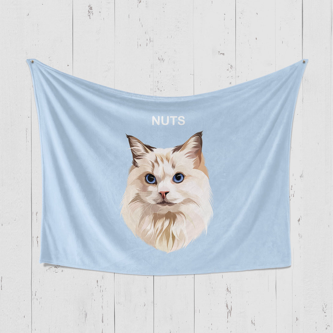 Custom blue horizontal blanket featuring portrait of pet, perfect for pet lovers