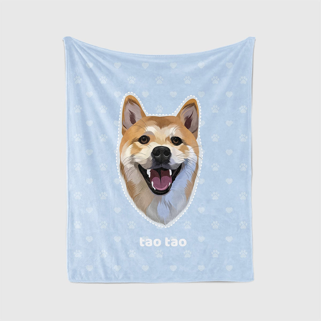 Custom blue blanket featuring portrait of pet and paws, perfect for pet lovers
