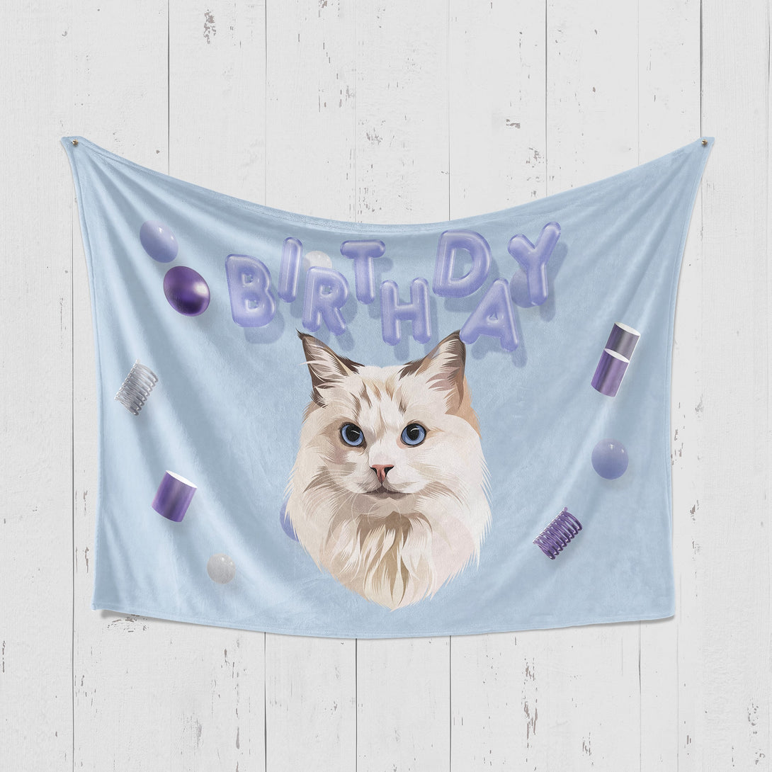 Custom blue birthday blanket featuring portrait of pet, perfect for pet lovers