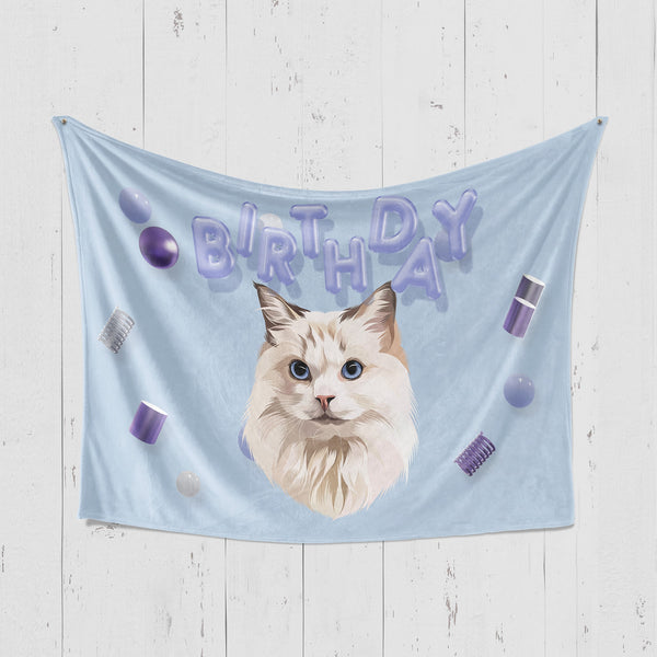 Custom blue birthday blanket featuring portrait of pet, perfect for pet lovers
