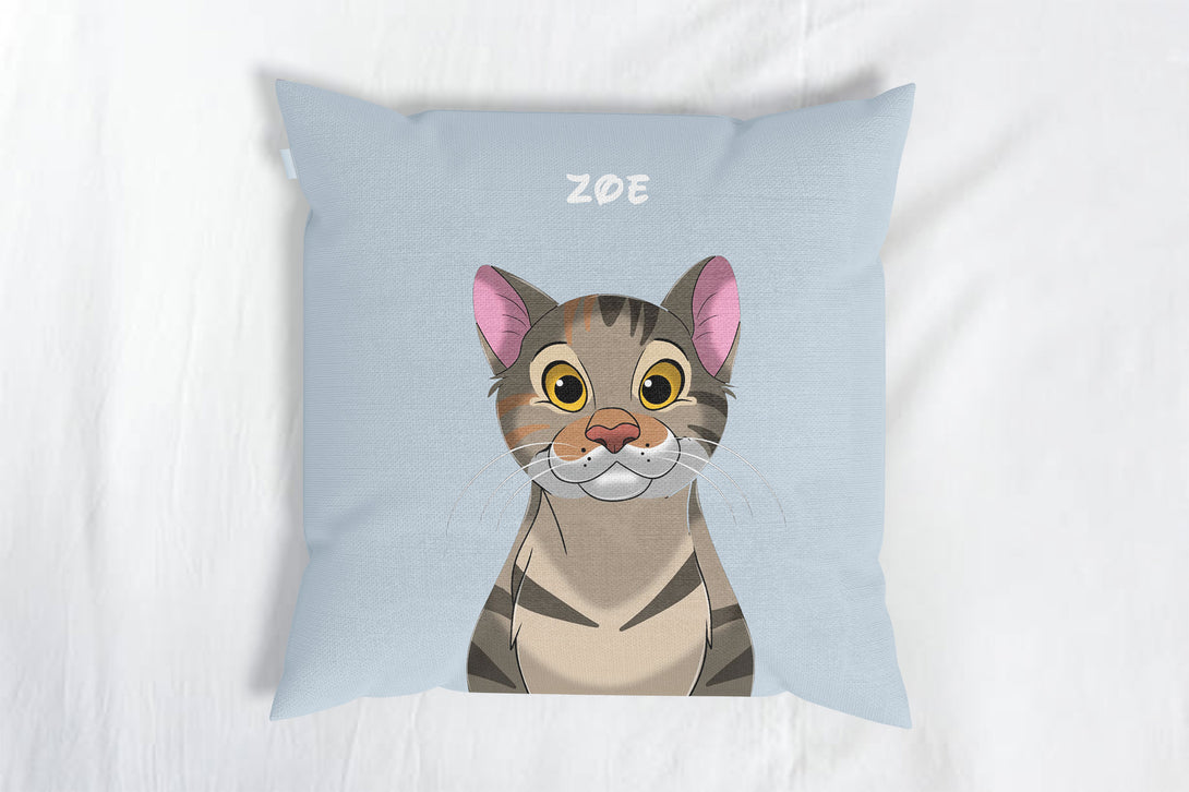 personalized custom blue throw pillow featuring cartoon portrait of pet, perfect for pet lovers