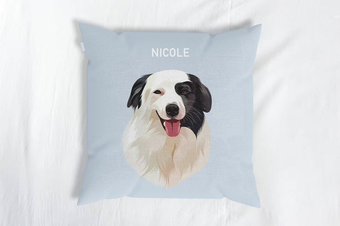 personalized custom blue throw pillow featuring portrait of pet, perfect for pet lovers