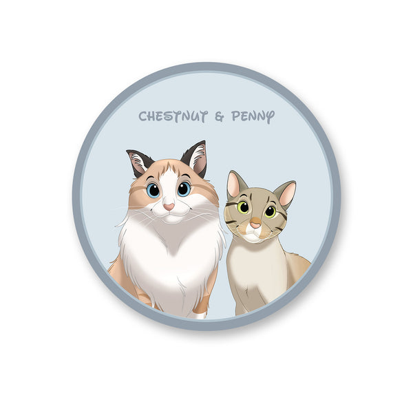 personalized custom blue rug featuring cartoon portrait of two pets, perfect for pet lovers