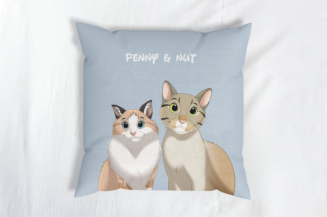 personalized custom blue throw pillow featuring cartoon portrait of two pets, perfect for pet lovers