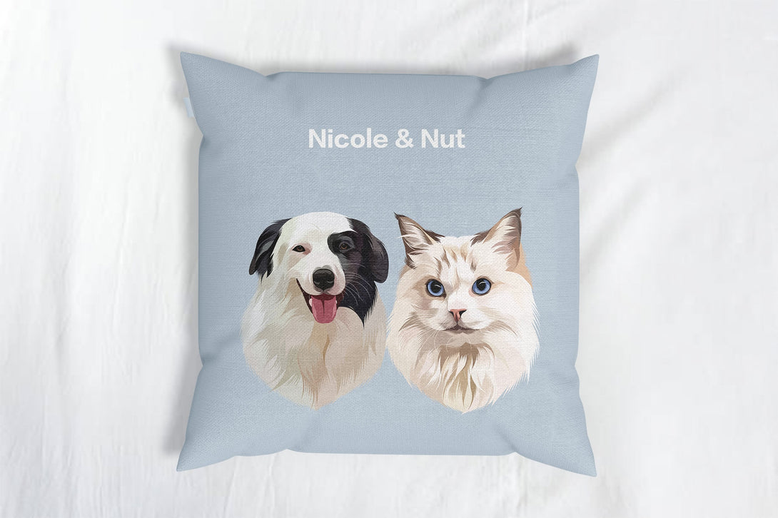 personalized custom blue throw pillow featuring portraits of two pets, perfect for pet lovers