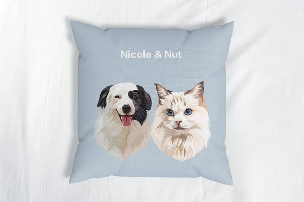 personalized custom blue throw pillow featuring portraits of two pets, perfect for pet lovers