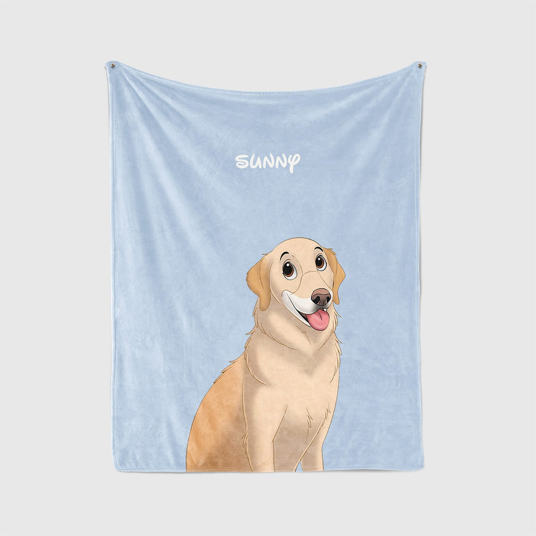 personalized custom blue blanket featuring cartoon portrait of pet, perfect for pet lovers