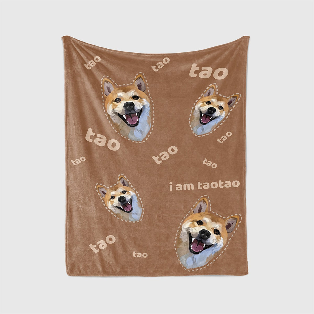 Personalized brown blanket featuring portrait of pet and bubble names background, perfect for pet lovers.