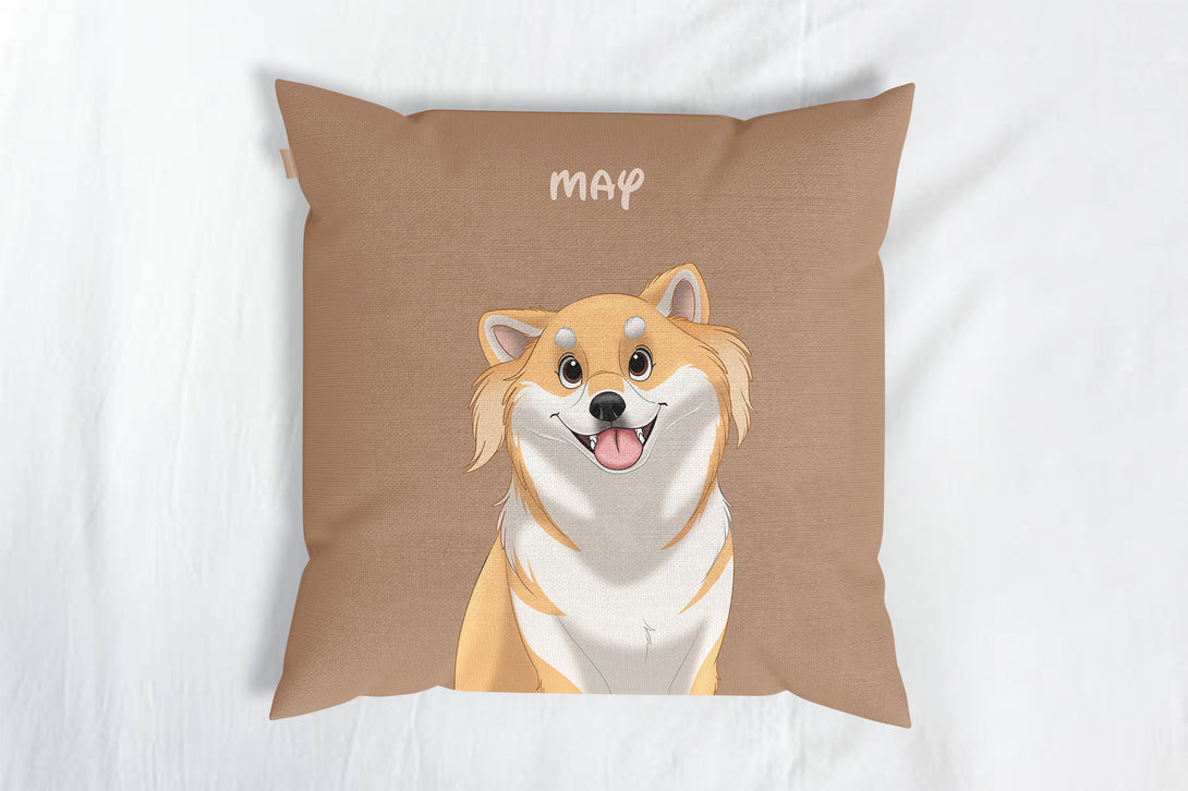 personalized custom brown throw pillow featuring cartoon portrait of pet, perfect for pet lovers
