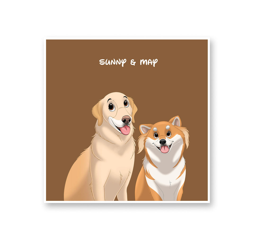 personalized custom brown rug featuring cartoon portrait of two pets, perfect for pet lovers