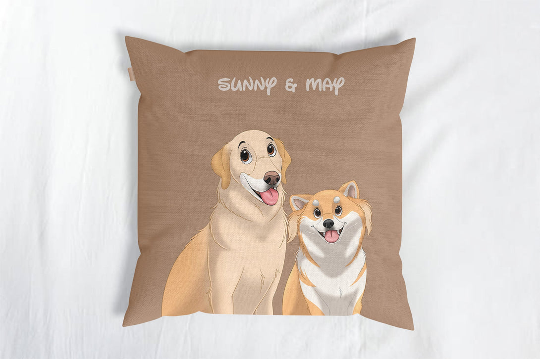 personalized custom brown throw pillow featuring cartoon portrait of two pets, perfect for pet lovers