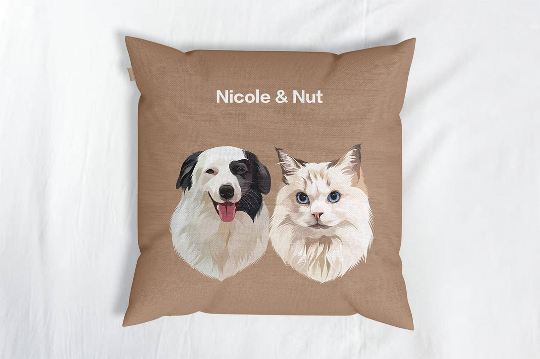 personalized custom brown  throw pillow featuring portrait of two pets, perfect for pet lovers