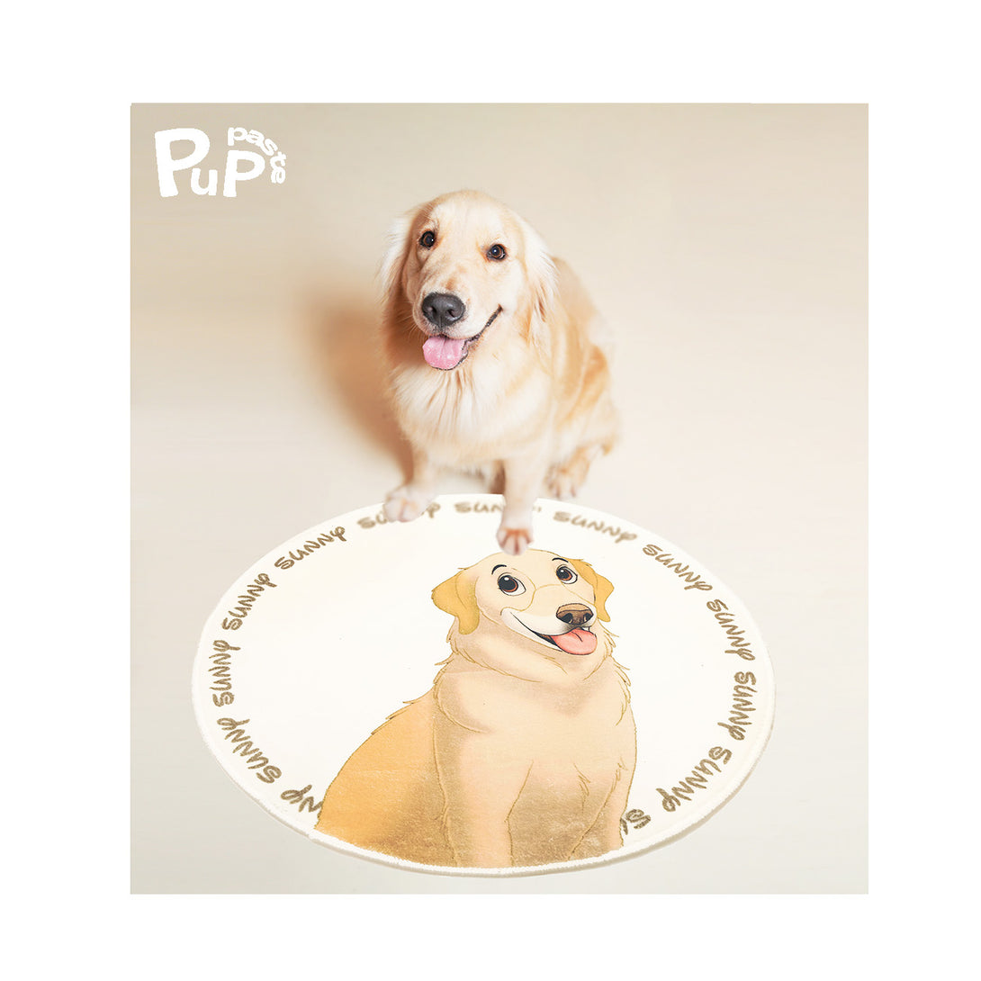 personalized custom circular name rug featuring cartoon portrait of pet, perfect for pet lovers
