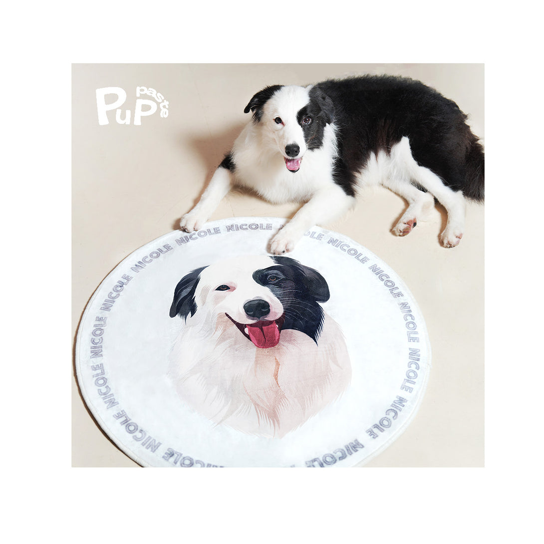 Custom pet rug with personalized cartoon portrait and circular name. Unique gift for any animal lovers.