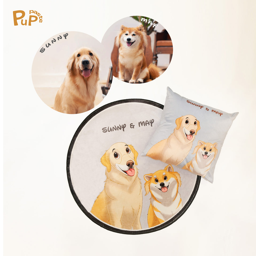 personalized custom rug featuring cartoon portrait of two pets, perfect for pet lovers