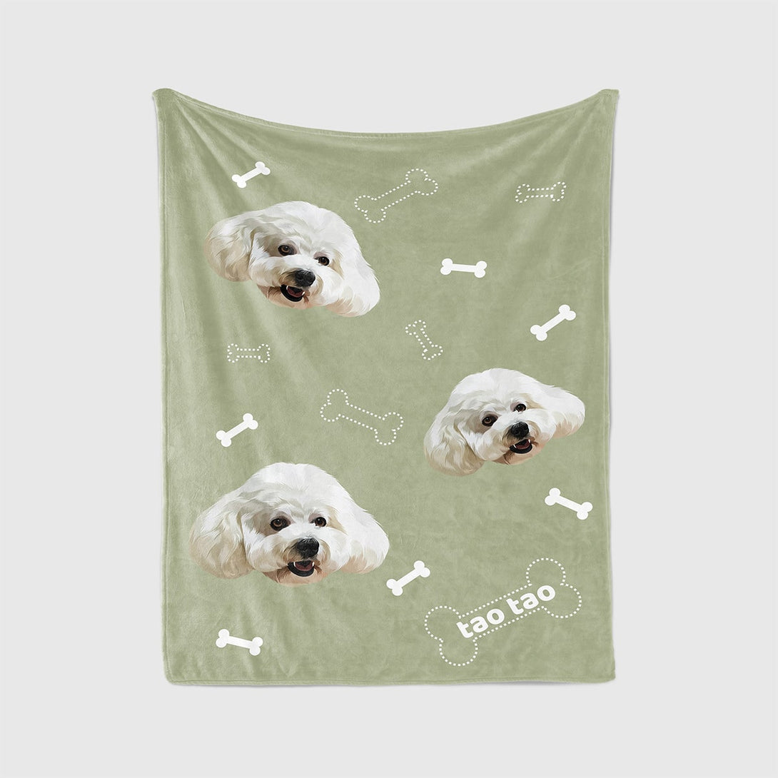 Custom blue blanket featuring portrait of pet and bones, perfect for pet lovers