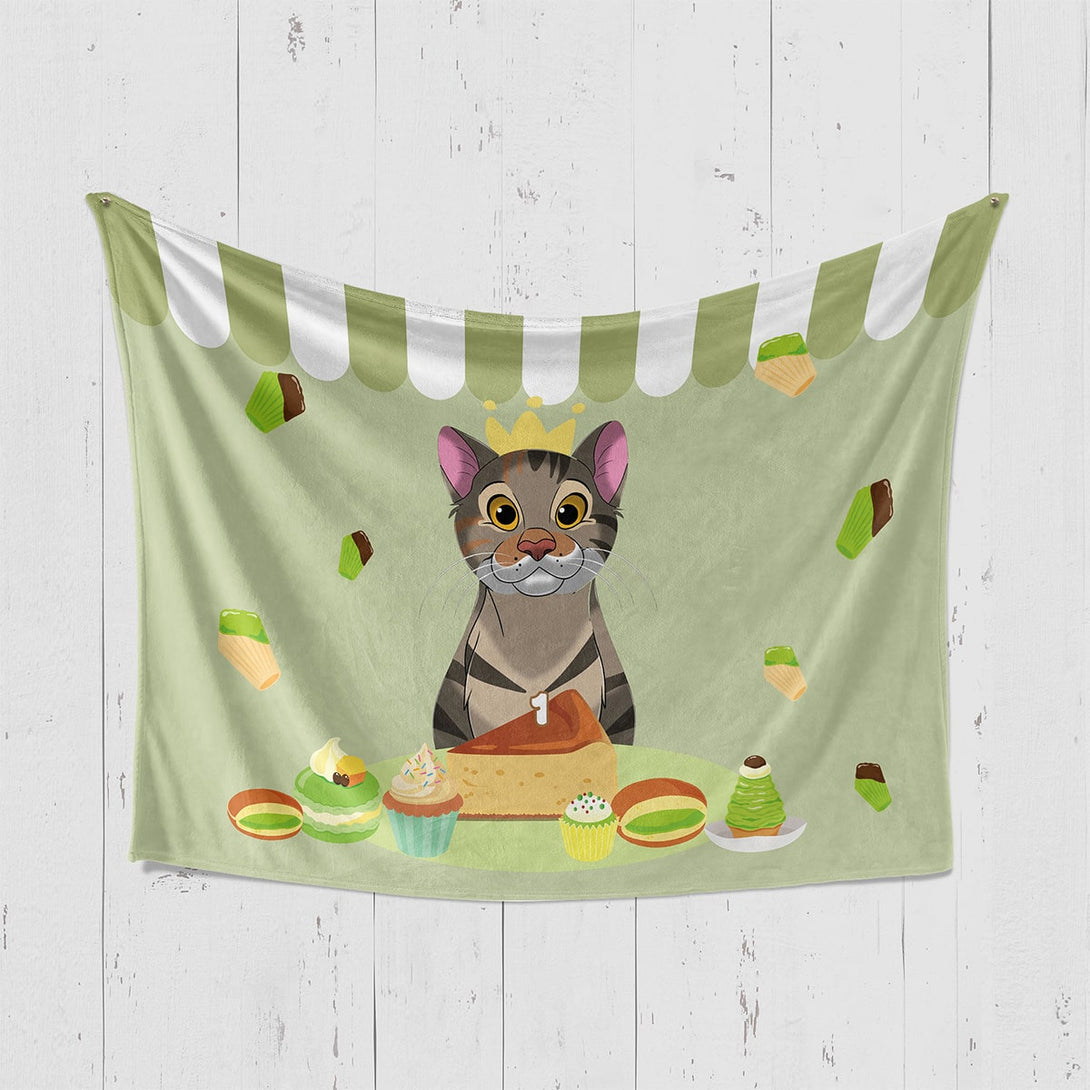 Custom green birthday blanket featuring cartoon style portrait of pet, perfect for pet lovers