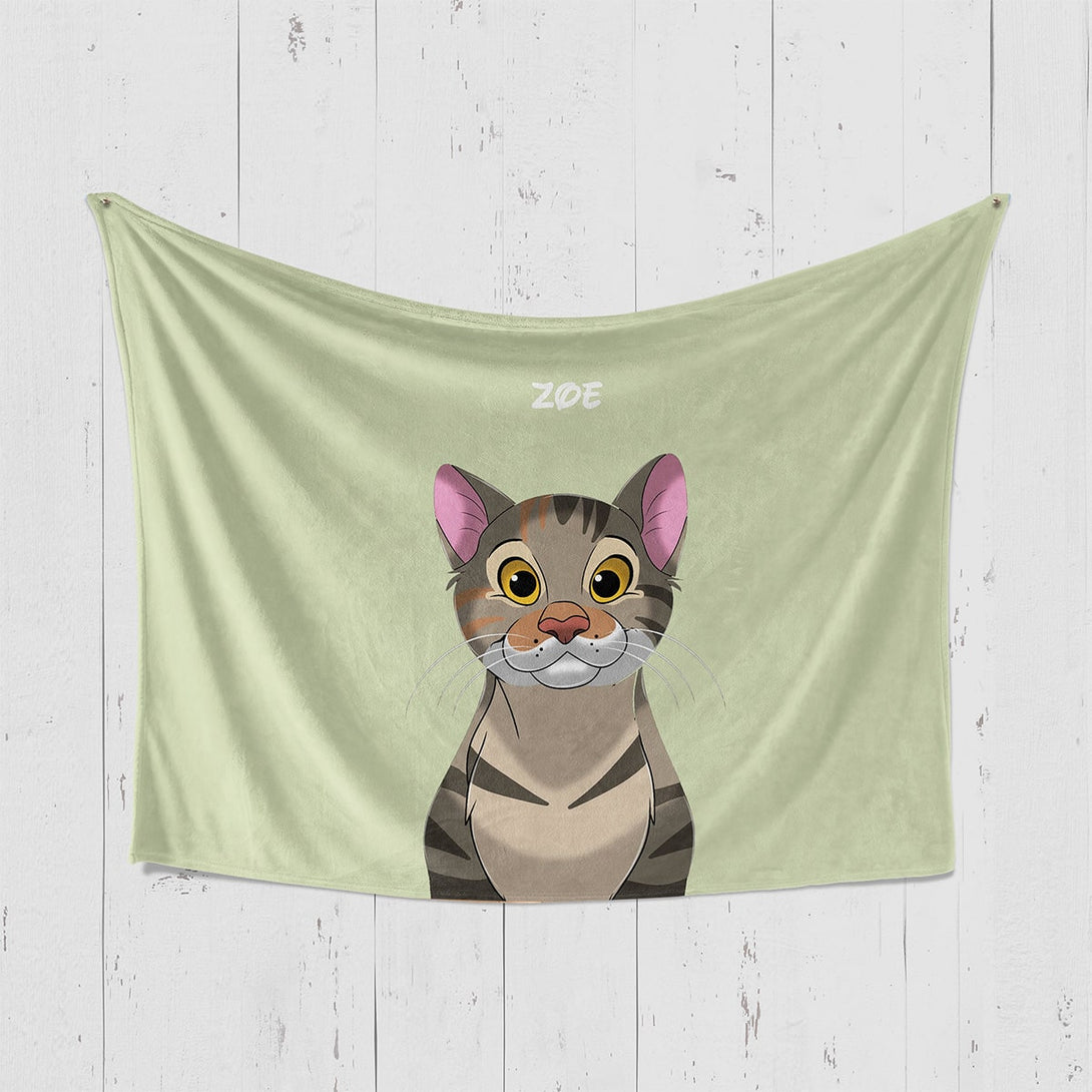 Custom green horizontal blanket featuring cartoon portrait of pet, perfect for pet lovers