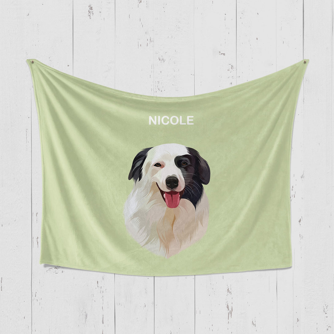 Custom green horizontal blanket featuring portrait of pet, perfect for pet lovers