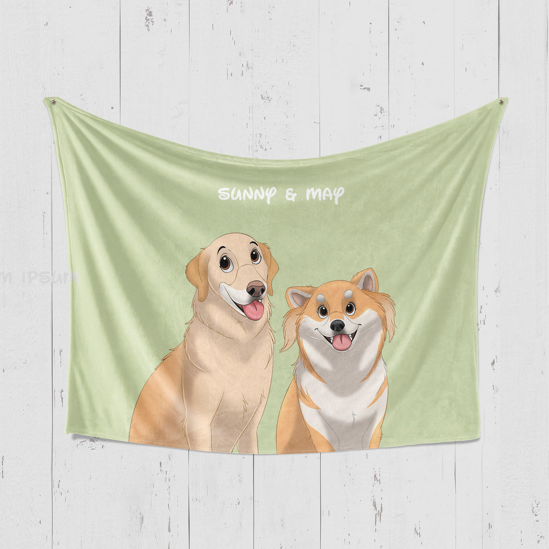 Custom green horizontal blanket featuring cartoon style portrait of two pets, perfect for pet lovers