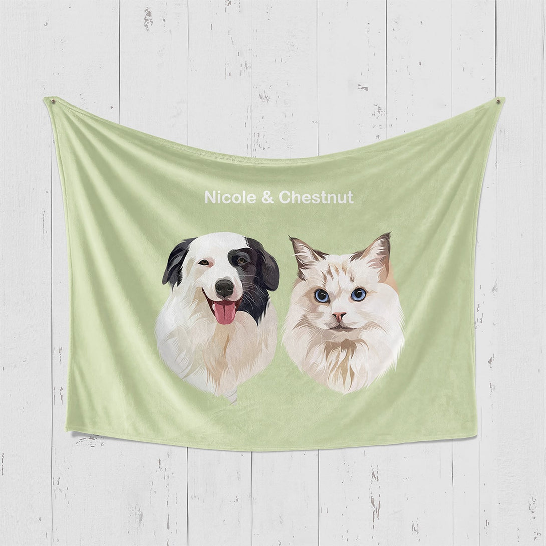 Custom green horizontal blanket featuring portrait of two pets, perfect for pet lovers