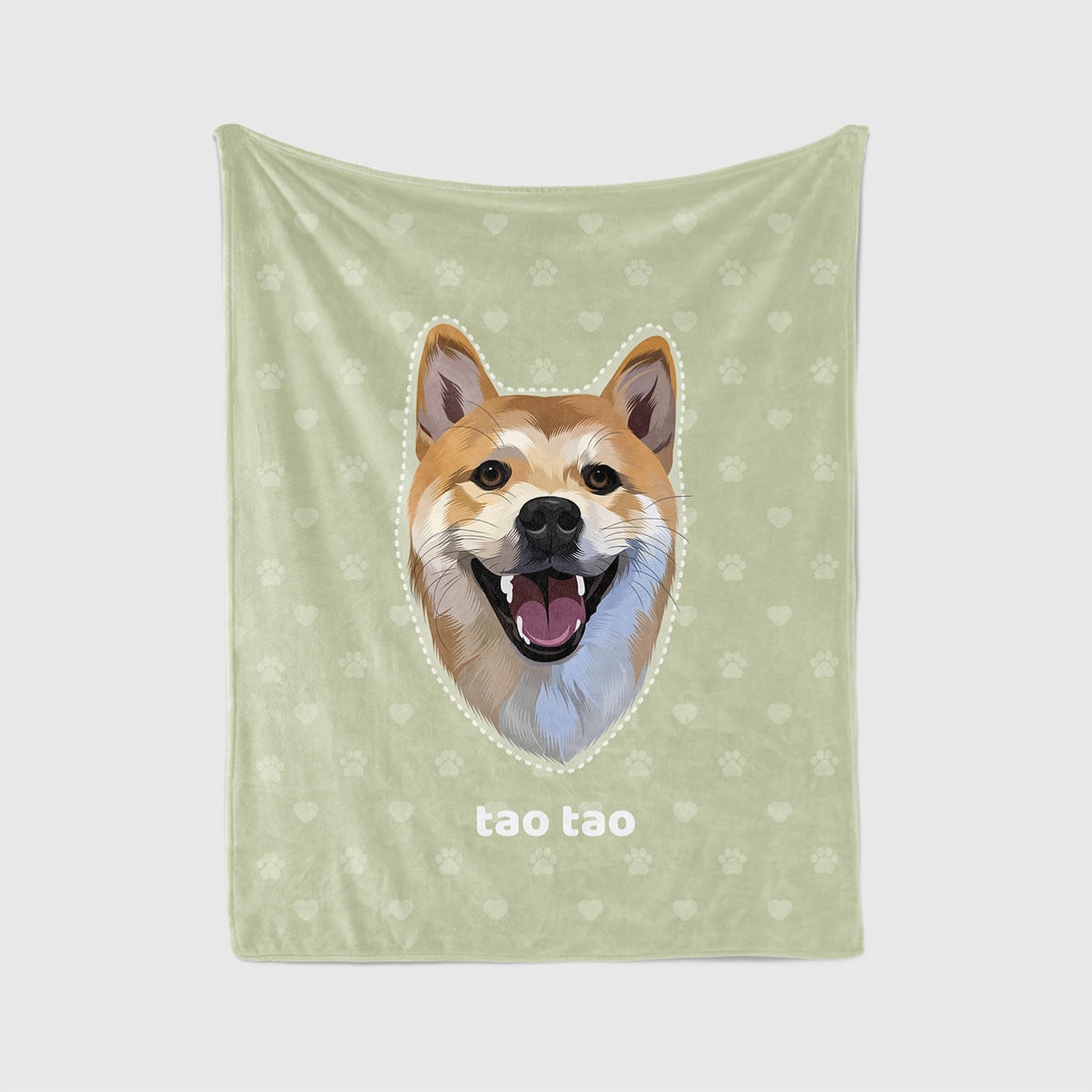 Custom green blanket featuring portrait of pet and paws, perfect for pet lovers