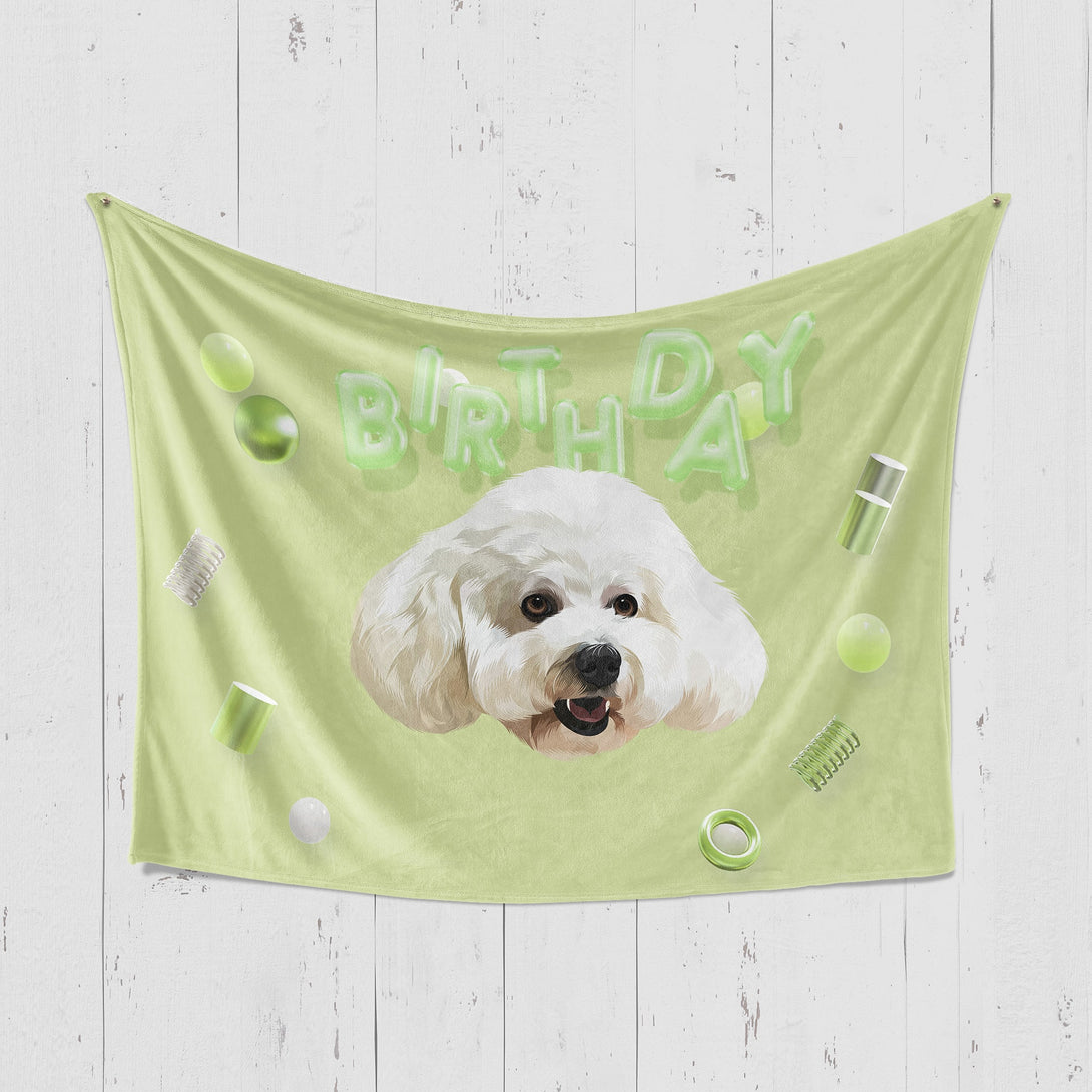 Custom green birthday blanket featuring portrait of pet, perfect for pet lovers