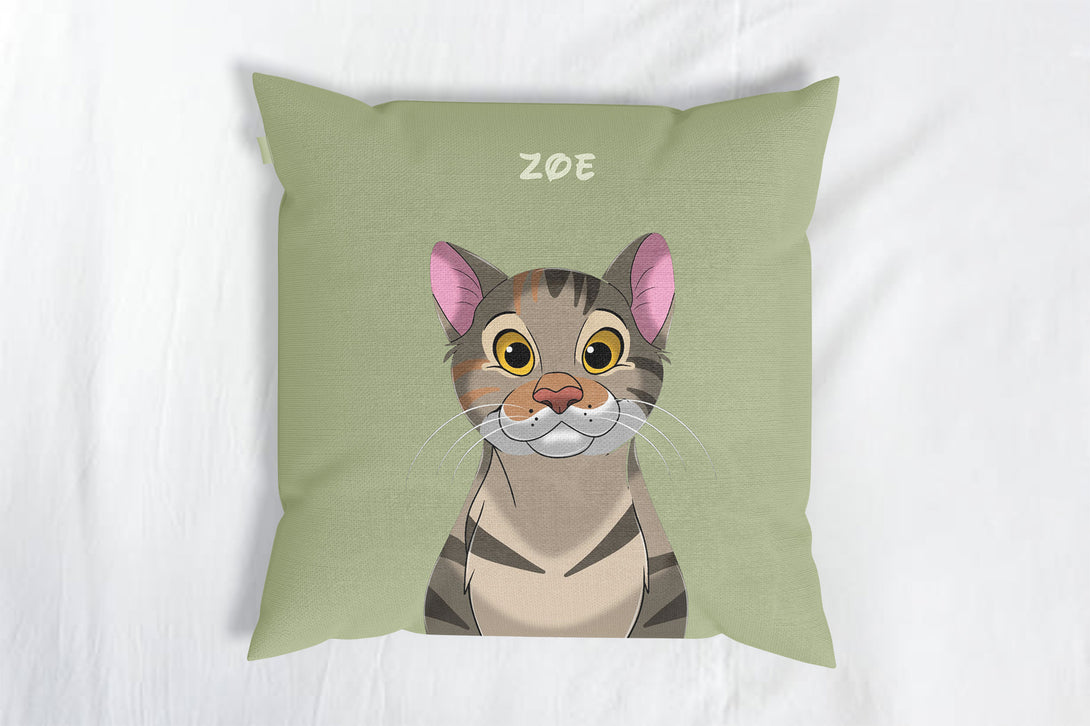 personalized custom green throw pillow featuring cartoon portrait of pet, perfect for pet lovers