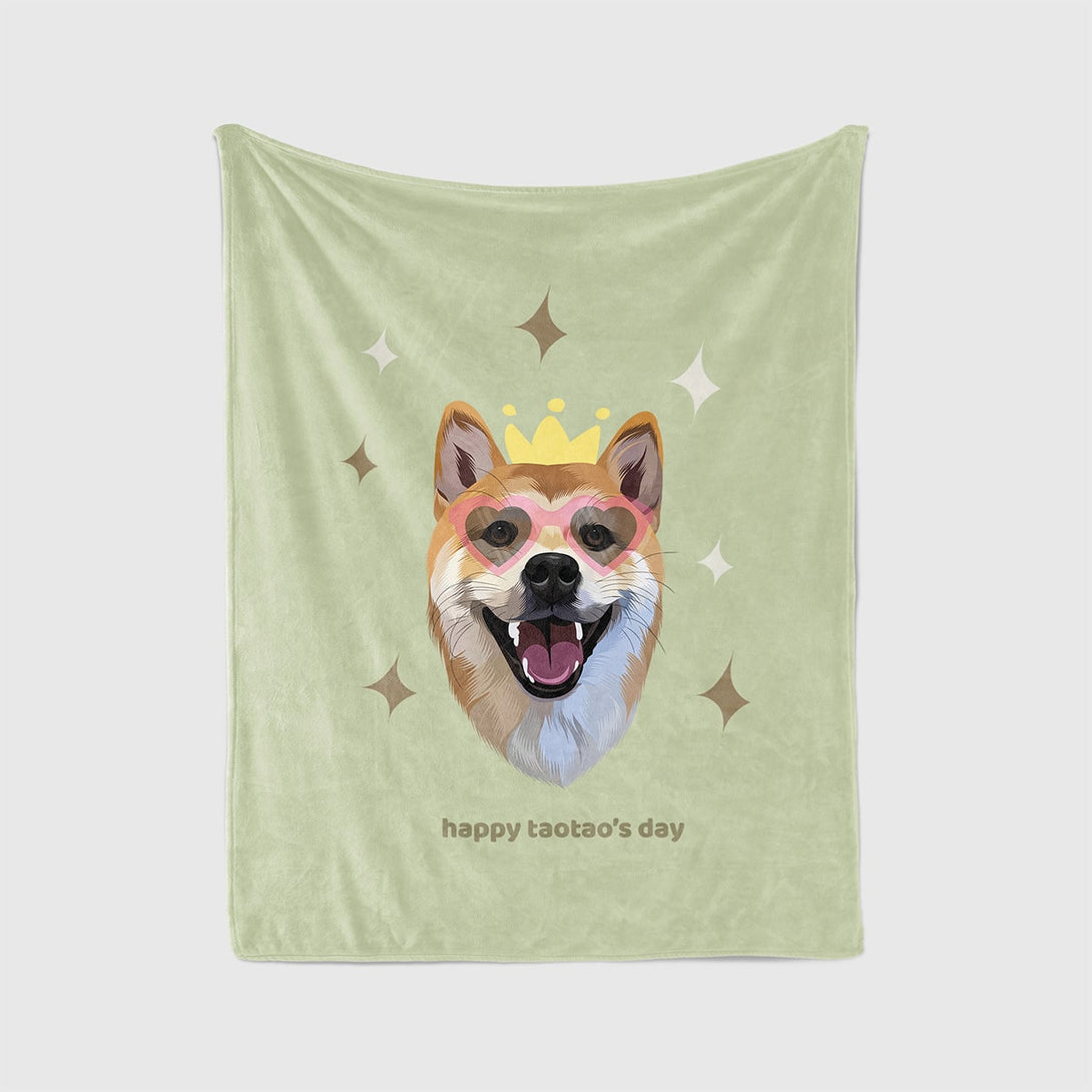 Personalized green blanket featuring portrait of pet and superstar background, perfect for pet lovers.