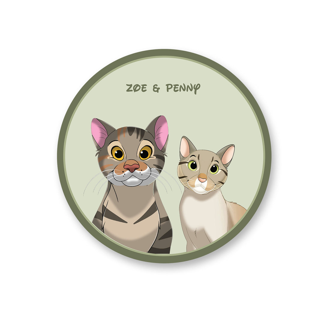 personalized custom green rug featuring cartoon portrait of two pets, perfect for pet lovers