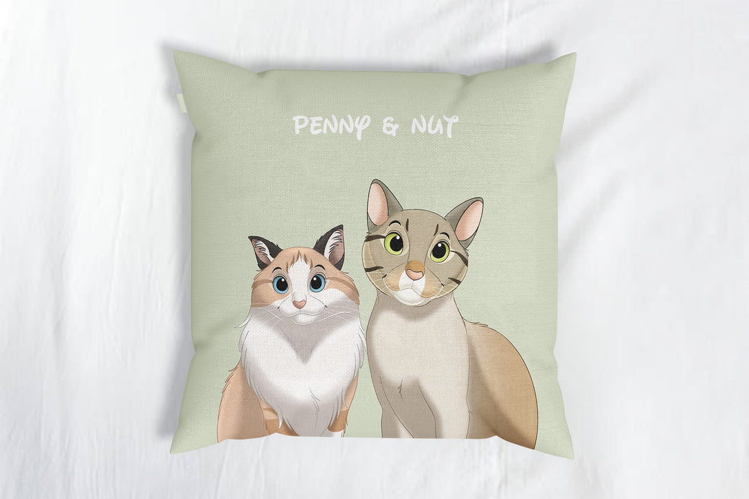 personalized custom green throw pillow featuring cartoon portrait of two pets, perfect for pet lovers