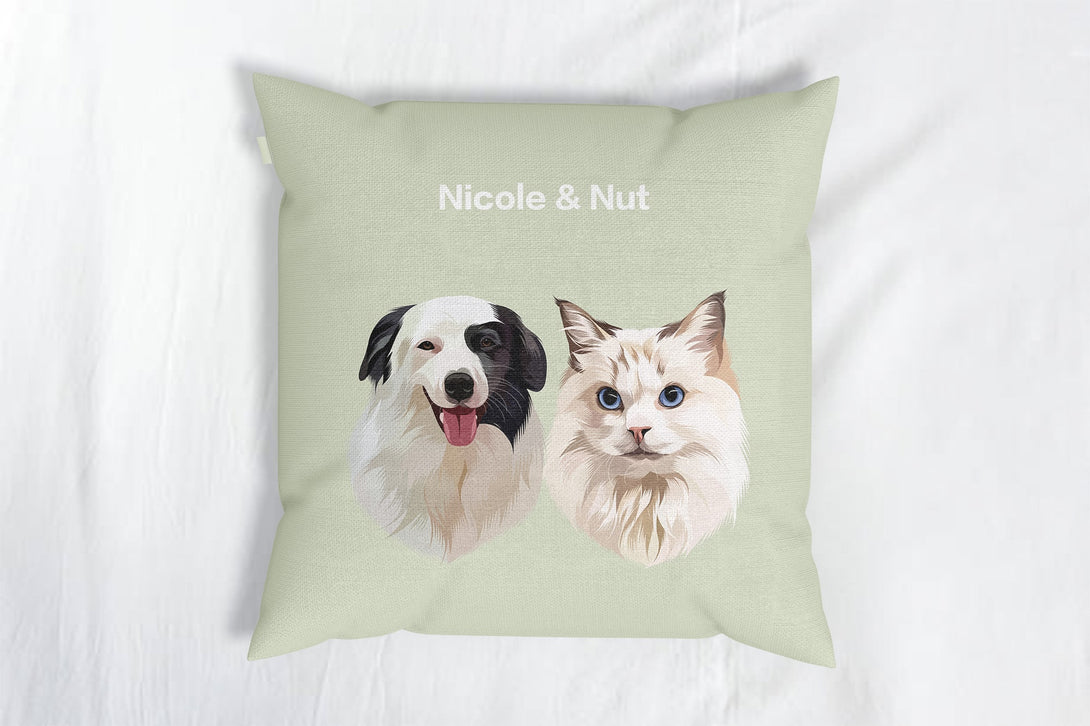 personalized custom green throw pillow featuring portrait of two pets, perfect for pet lovers