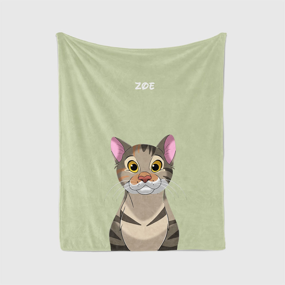 personalized custom green blanket featuring cartoon portrait of pet, perfect for pet lovers