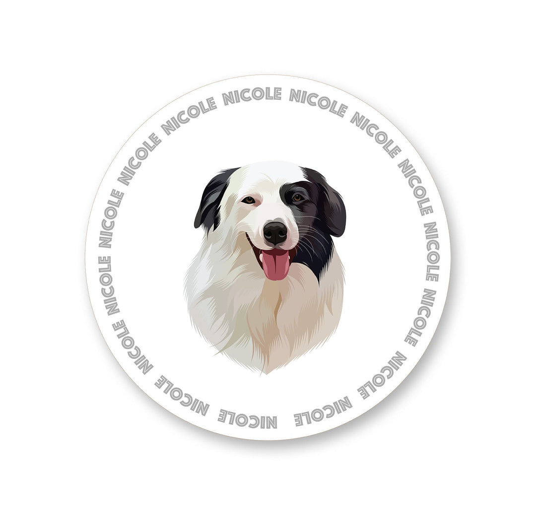 Custom grey pet rug with personalized cartoon portrait and circular name. Unique gift for any animal lovers