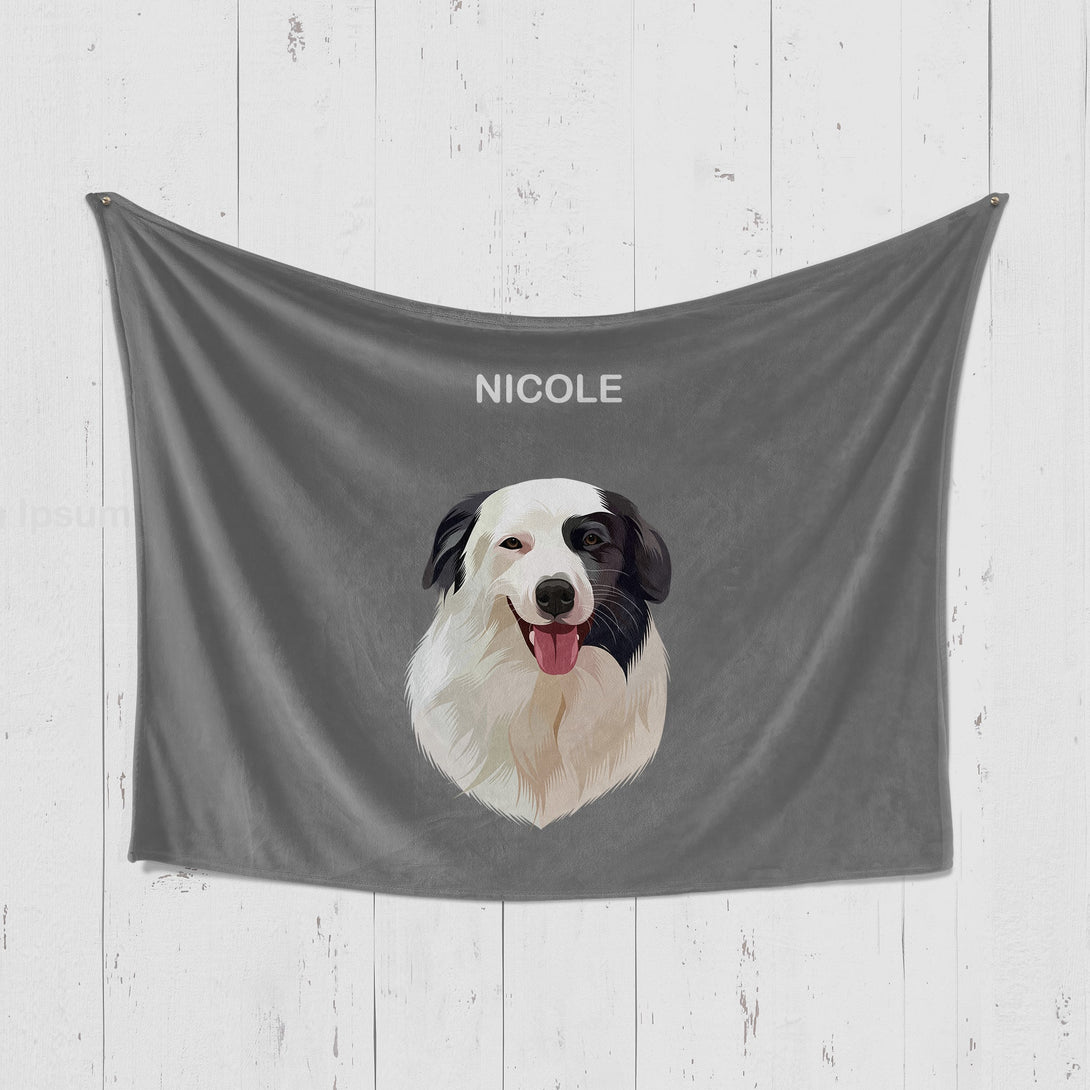 Custom grey horizontal blanket featuring portrait of pet, perfect for pet lovers
