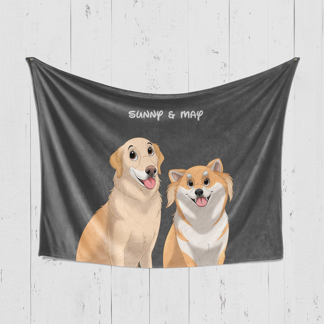 Custom grey horizontal blanket featuring cartoon style portrait of two pets, perfect for pet lovers