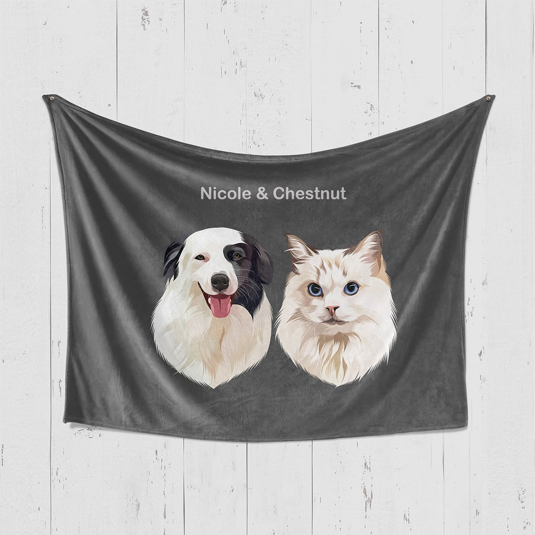 Custom grey horizontal blanket featuring portrait of two pets, perfect for pet lovers