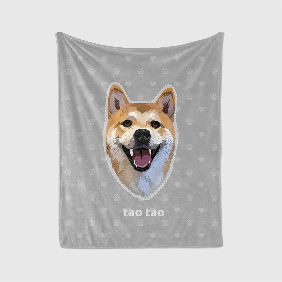 Custom grey blanket featuring portrait of pet and paws, perfect for pet lovers