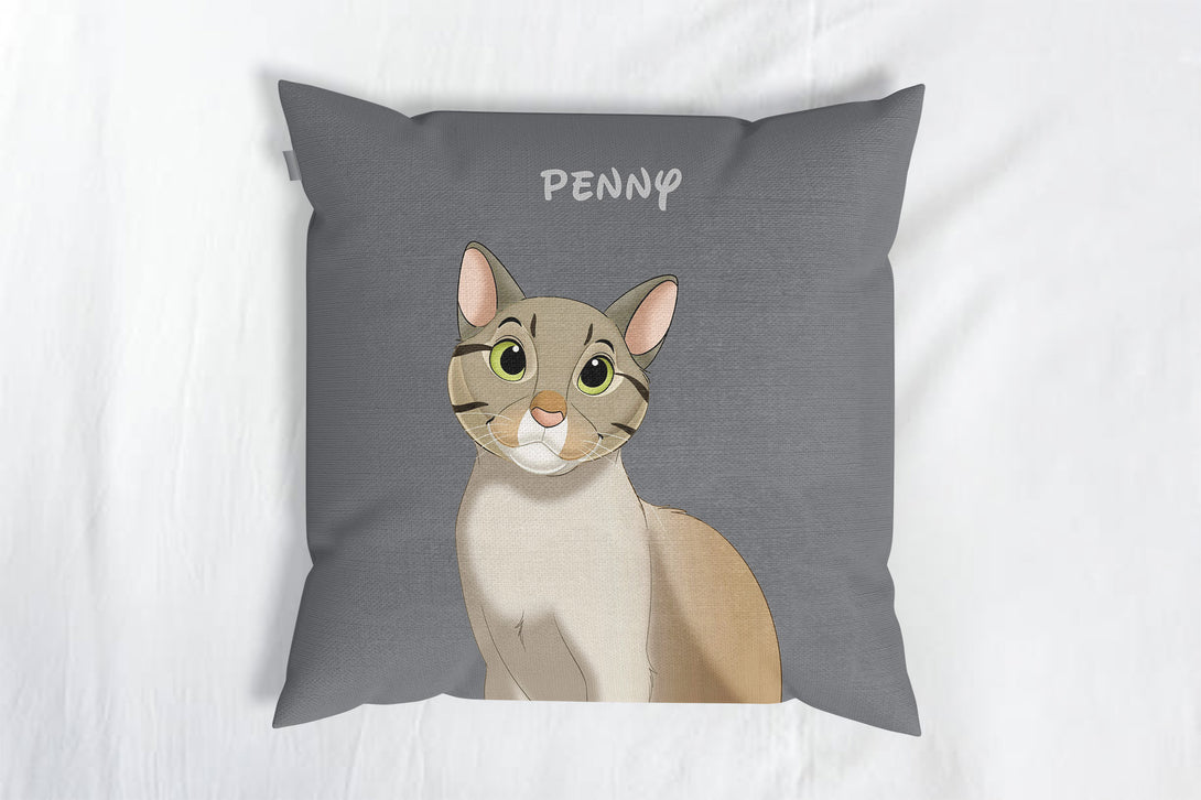 personalized custom grey throw pillow featuring cartoon portrait of pet, perfect for pet lovers