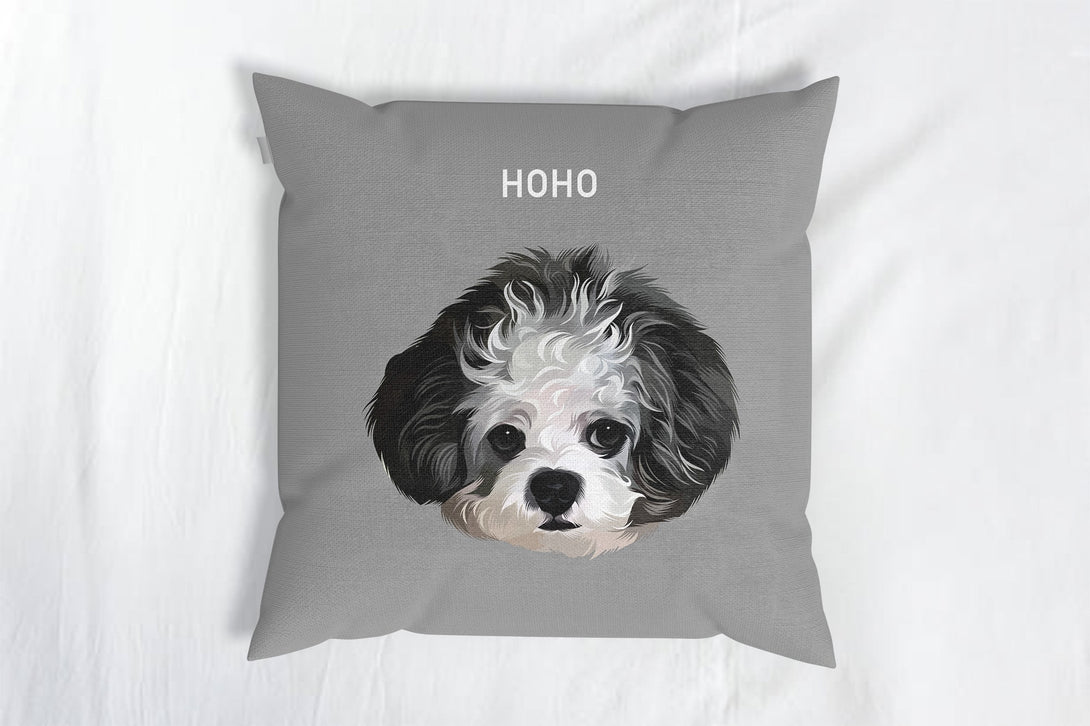 personalized custom grey throw pillow featuring portrait of pet, perfect for pet lovers