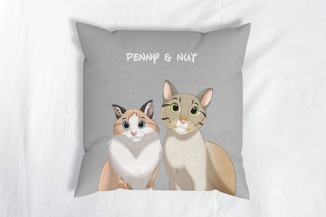 personalized custom grey throw pillow featuring cartoon portrait of two pets, perfect for pet lovers