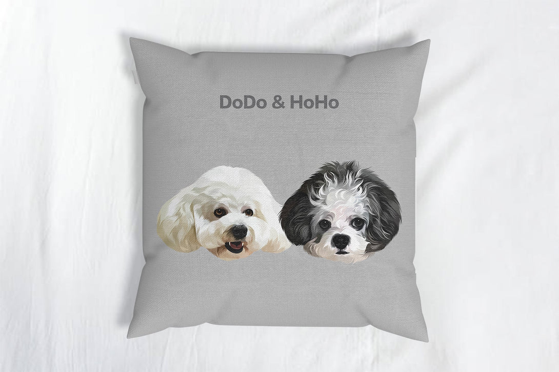 personalized custom grey throw pillow featuring portrait of two pets, perfect for pet lovers
