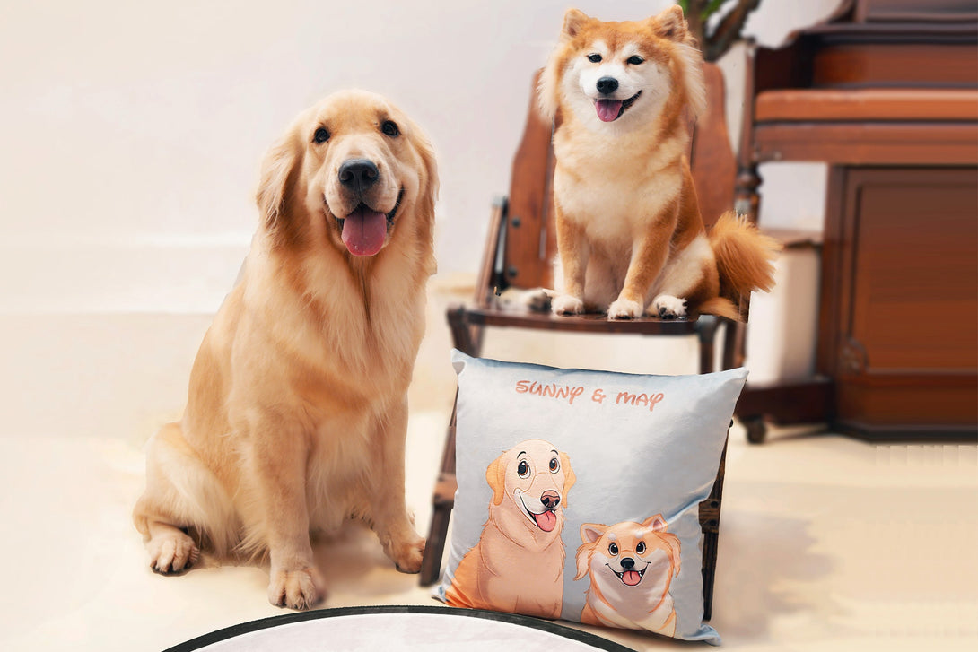 personalized custom throw pillow featuring cartoon portrait of your pets, perfect for pet lovers